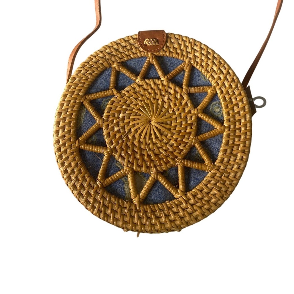 Handwoven Round Rattan Shoulder Bag Boho Festival Purse Blue‎ Fabric Lined